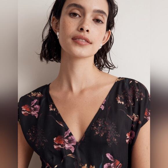 new Madewell Wide V-Neck Midi Dress floral black sz10 Printed Side Slit Sexy - Picture 3 of 12
